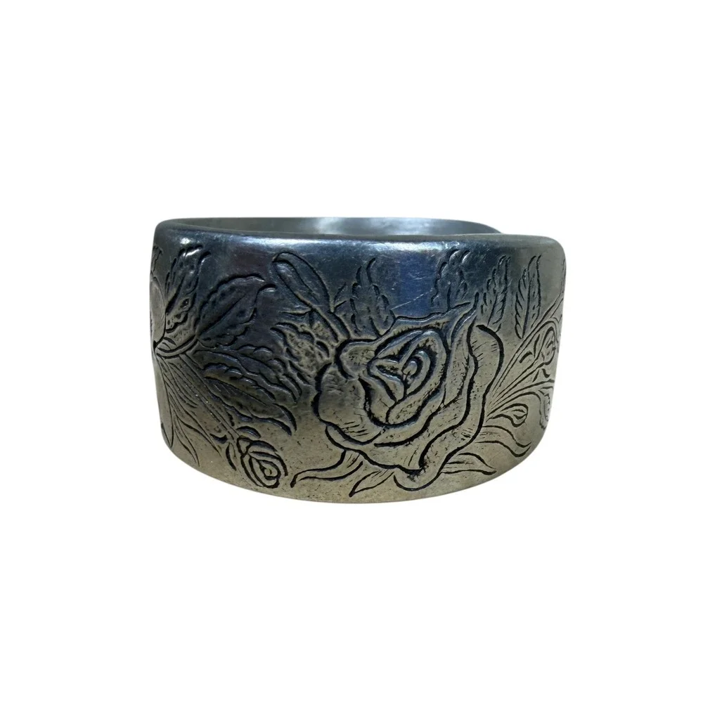 Vintage Salisbury Fine Metal Artisans Pewter Rose Floral June Cuff Bracelet 7.5